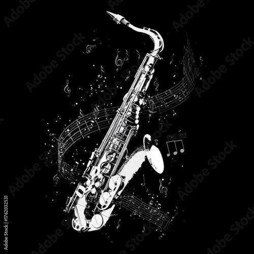 A stylized saxophone, rendered in grayscale, with floating musical notes against a black backdrop