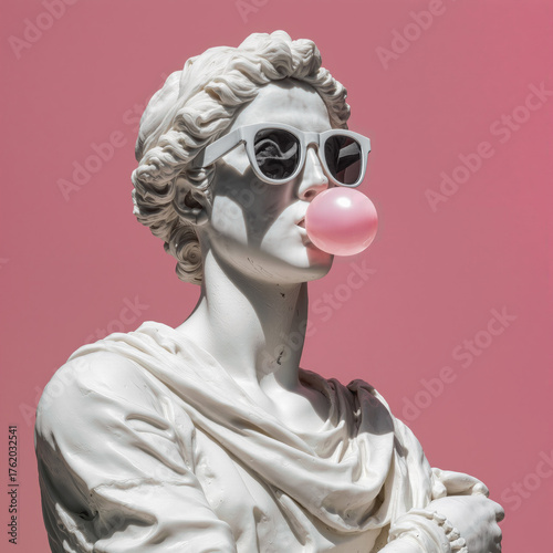 White marble statue with modern sunglasses and bubble gum against pink background