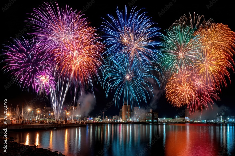 Fototapeta premium Colorful Fireworks over City Skyline at Night