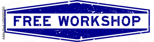 Grunge blue free workshop word hexagon seal stamp on white background
