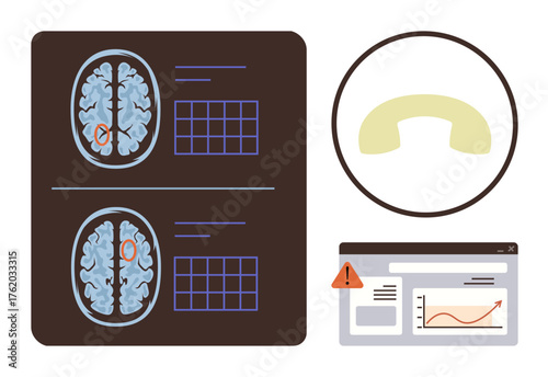Brain scan images with highlighted areas, a warning alert, a data chart interface, and circular diagram. Ideal for healthcare, neuroscience, medical research, diagnostics, AI technology