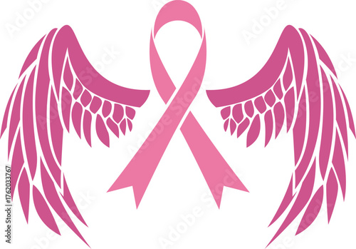 Pink breast cancer ribbon with angel wings symbol