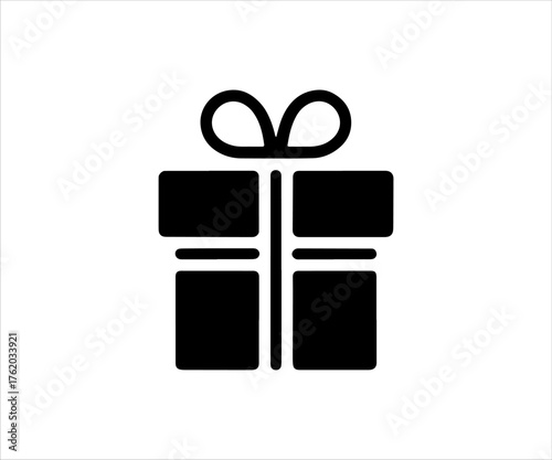 Simple black and white icon of a gift box with a bow
