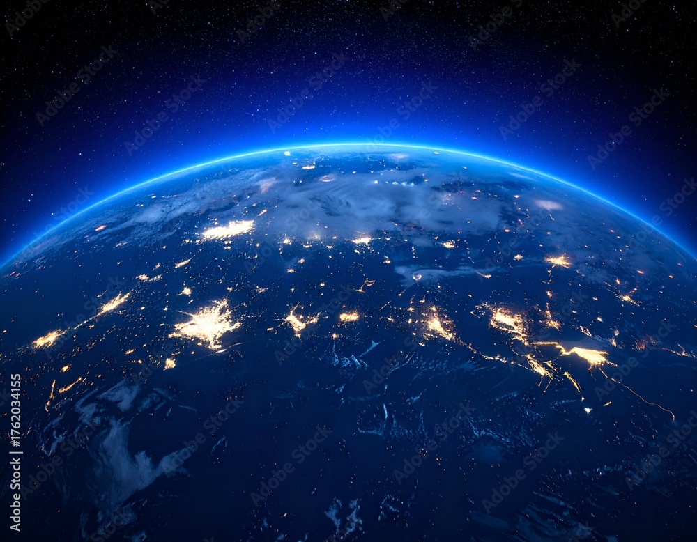 Fototapeta premium Earth, night view from space showing city lights, illuminated atmosphere