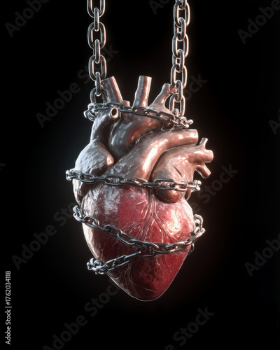 Glowing human heart tightly wrapped in chains suspended in darkness creating a striking visual of confinement and emotion