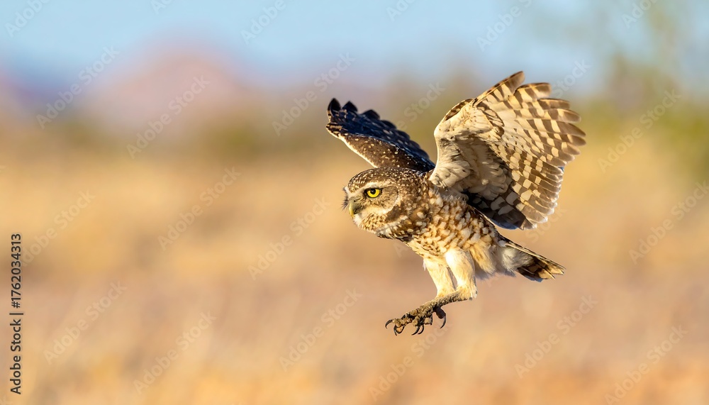 Obraz premium An adorable owl in flight. Captured mid-air with wings spread wide, its eyes focused. Soft blur of the natural environment