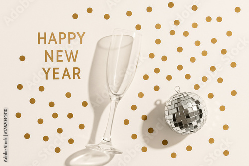 Champagne glasses, disco ball and gold confetti. Party celebration vibe.