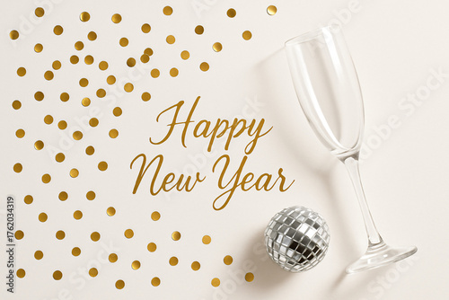 Happy New Year” written in gold with festive dots. Elegant holiday greeting.