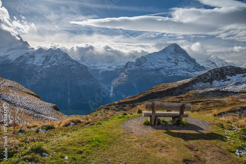 Nature landscape of Swiss Alps mountain range at Eiger and Wetterhorn peak vi...