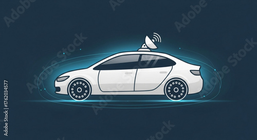 Illustration of a white autonomous car with a satellite dish on top, isolated on a dark blue background concept of modern technology