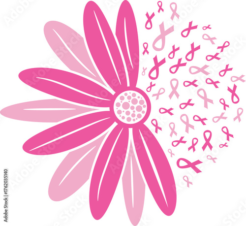 Pink flower with breast cancer awareness ribbons symbol