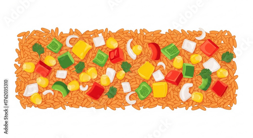 Colorful Mexican rice dish with vegetables in flatlay style  