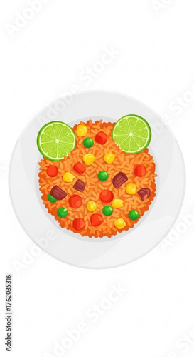 Colorful Mexican rice dish served on a white plate with lime wedges  