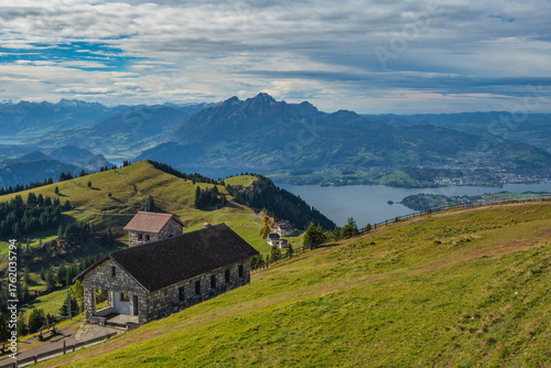 Rigi Kulm Switzerland, view of Pilatus mountain peak and Lake Lucerne (Luzern)