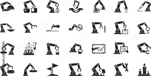 Set of robotic arms performing various tasks in black silhouette style