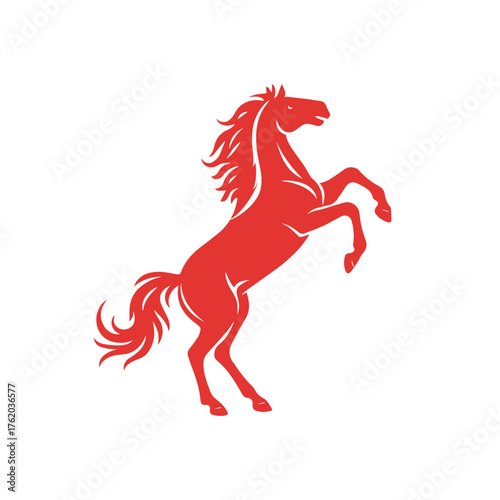 Bold red silhouette of a rearing red horse on a white background. 
