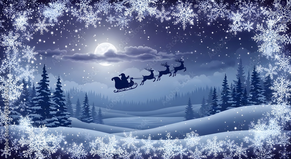 Fototapeta premium A serene winter night unfolds as a sleigh soars beneath the moonlight, amidst snow-dusted trees.