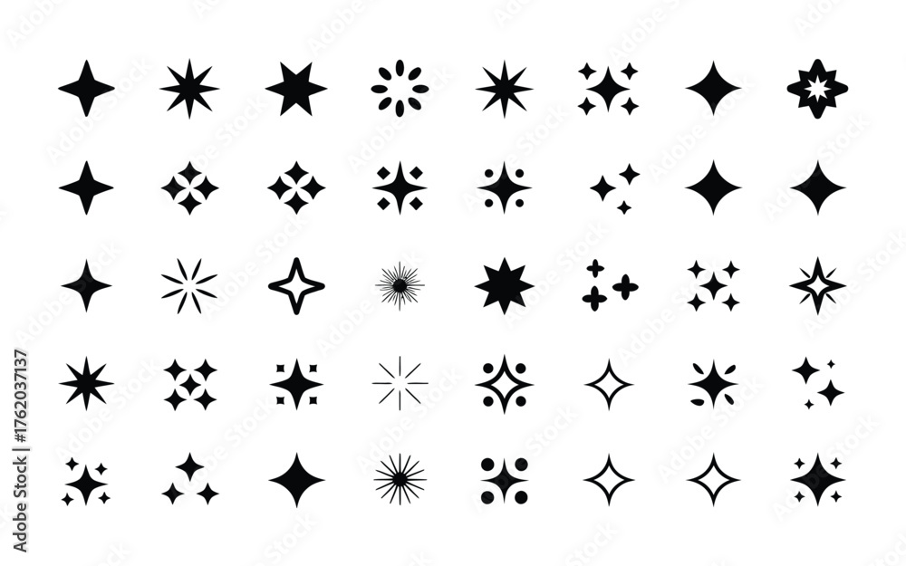 Naklejka premium Sparkling Star Collection: A captivating collection of twinkling star icons in various shapes and designs, illuminating with their radiant brilliance and visual appeal.