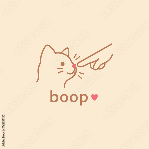 Adorable minimalist line art of a hand gently booping a cat’s pink nose.