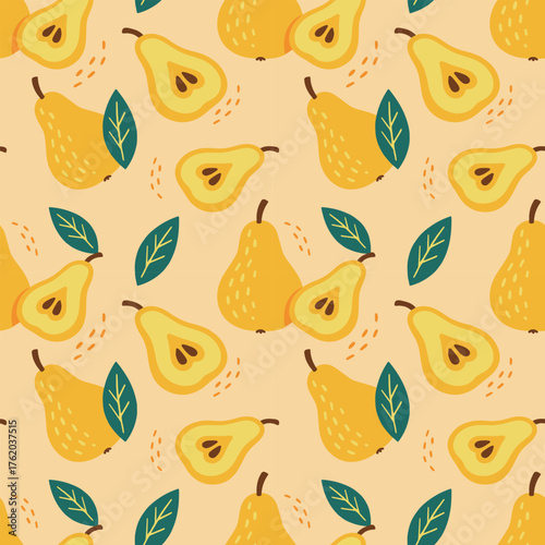 Colorful seamless pattern featuring hand-drawn pears with leaves on a soft beige background. Ideal for packaging, fabric, kitchen prints, or organic product branding.