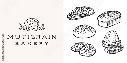 multigrain bread loaf bakery with whole-wheat seed logo design and collection of multigrain bakery product hand drawn illustration element set