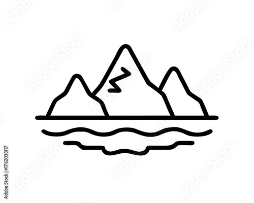 Iconic illustration of majestic mountains reflected in serene wavy waters, representing nature's grandeur and tranquility