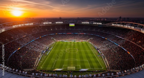 Aerial view of a soccer stadium filled with fans waving colorful flags, sunset lighting