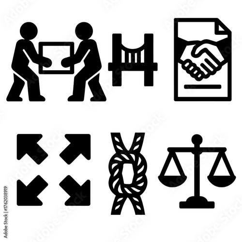 Cooperation silhouette set: two figures carrying box, bridge connection, agreement document, group arrows inward, rope knot, balanced scale.