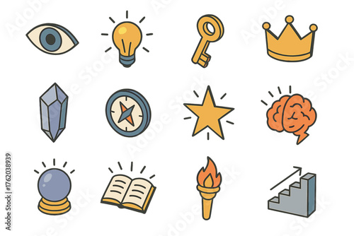 Symbolic wisdom set icons in modern isometric flat vector style: eye symbol, light bulb, key, crown, crystal, compass, star, brain spark, crystal ball, book with rays, torch,