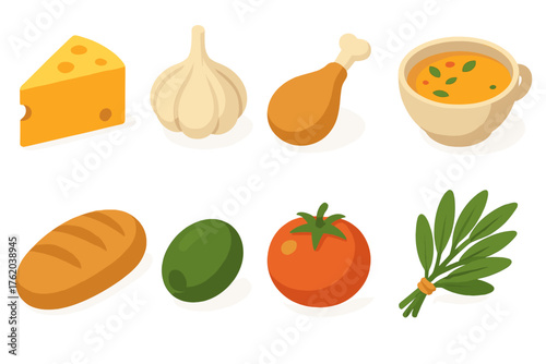 Savory flavors set icons in modern isometric flat vector style: cheese wedge, garlic bulb, roasted chicken leg, soup bowl, bread loaf, olive, tomato, herbs bunch.