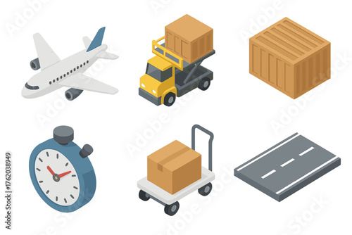 Air freight unloading set icons in modern isometric flat vector style: airplane, cargo loader, container, stopwatch, cart, runway.
