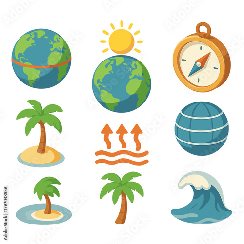 Equator basics set icons in modern isometric flat vector style: globe with equator line, sun above Earth, compass, latitude lines, tropical island, heatwave symbol, palm tree,