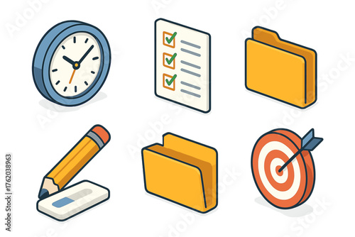 Task follow-up set icons in modern isometric flat vector style: clock, checklist, pencil, folder, progress bar, target.