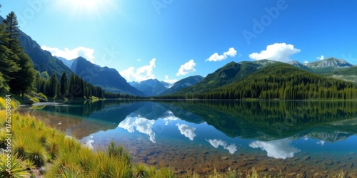 Stunning panoramic view of a serene lake surrounded by lush mountains and vibrant greenery under a clear blue sky
