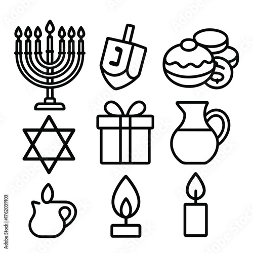 Hanukkah Tradition outline icon set: menorah, dreidel, sufganiyah donut, gelt coins, Star of David, gift box, olive oil jar, candle flame. , , High resolution, sharp vector-like