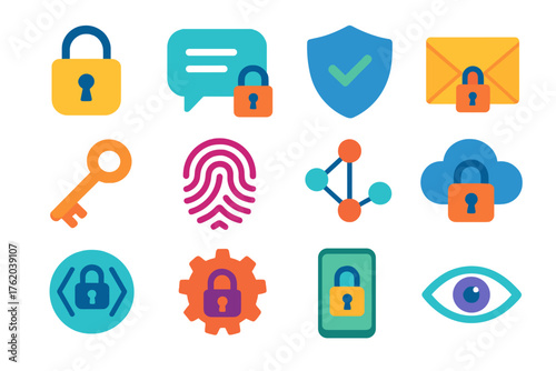 Secure Communication flat icons: padlock, chat bubble, shield, envelope, key, fingerprint, network nodes, cloud, encryption symbol, gear, phone, eye. , , High resolution, sharp