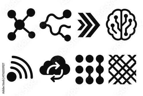 Adaptive Networks silhouette set: dynamic nodes, shifting connections, data flow lines, AI brain, signal waves, cloud sync, evolving pattern, digital mesh. , , High resolution,