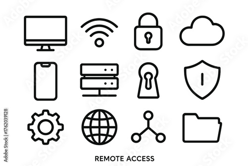 Remote Access outline icon set: computer screen, wifi, lock, cloud, smartphone, server, keyhole, shield, gear, globe, network, folder. , , High resolution, sharp vector-like