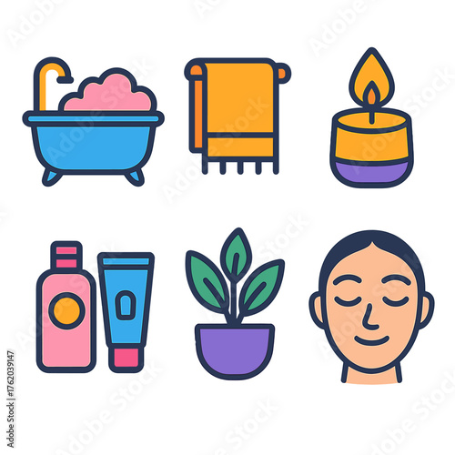 Self-Care Routines flat icons: bathtub, fluffy towel, candle flame, skincare kit, plant pot, relaxed face. , , High resolution, sharp vector-like appearance, ideal for UI and web
