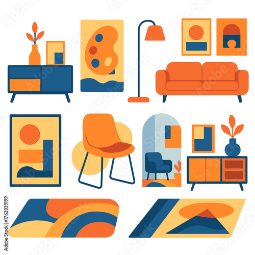 Modern Interiors flat icons: sleek furniture, color palette, floor lamp, wall art, geometric shapes, modern chair, open space, stylish rug. , , High resolution, sharp vector-like