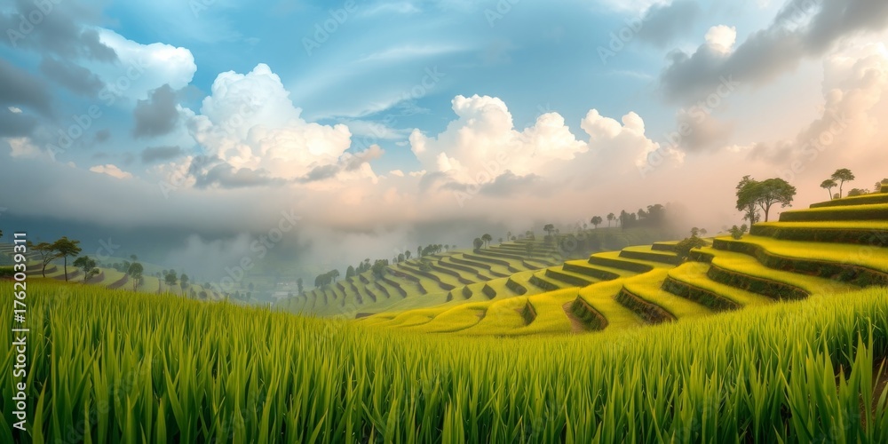 Fototapeta premium Expansive View of Lush Green Rice Terraces Under a Blue Sky with Fluffy Clouds and Soft Morning Light