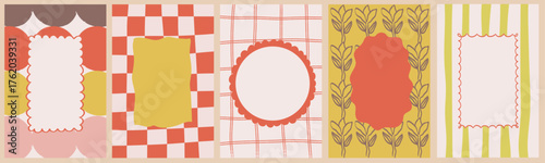 Set of hand-drawn frames with wavy squiggle curly edges and colorful backgrounds. Hand-drawn borders with abstract wavy lines and retro patterns for invitations, posters, social media templates decor.