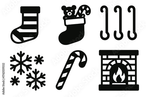 Christmas Stockings silhouette set: striped stocking, filled with toys, hanging hooks, snowflakes, candy cane, cozy hearth. , , High resolution, sharp vector-like appearance, ideal