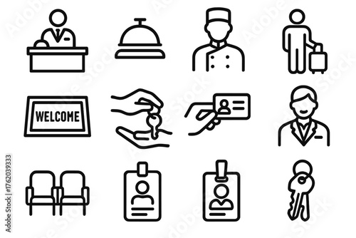 Reception Hospitality outline icon set: hotel desk, hotel bell, concierge icon, guest with luggage, welcome mat, key handover, ID check, name tag, smiling receptionist, waiting