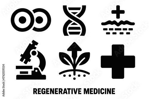 Regenerative Medicine silhouette set: cell division, DNA helix, wound healing, microscope, regenerative growth, health symbol. , , High resolution, sharp vector-like appearance,