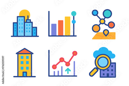 City Analytics flat icons: city skyline, bar chart, data nodes, map pin, building, graph line, cloud sync, magnifying glass. , , High resolution, sharp vector-like appearance,