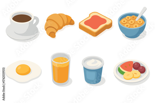 Breakfast Mealtime set icons in modern isometric flat vector style: coffee cup, croissant, toast with jam, cereal bowl, fried egg, orange juice glass, yogurt cup, fruit platter.