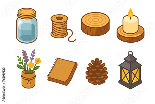 Rustic Centerpieces flat isometric set: mason jar, twine, wood slice, candle, wildflower, burlap, pinecone, lantern.