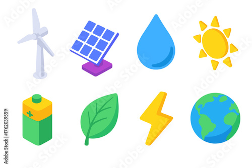Renewable Power flat isometric set: wind turbine, solar panel, water droplet, sun, battery, leaf, lightning bolt, globe.