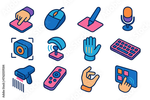 Input Methods flat isometric set: touchpad, mouse wheel, virtual pen, voice mic, camera scan, motion sensor, digital glove, keyboard layout, barcode scanner, remote input, gesture